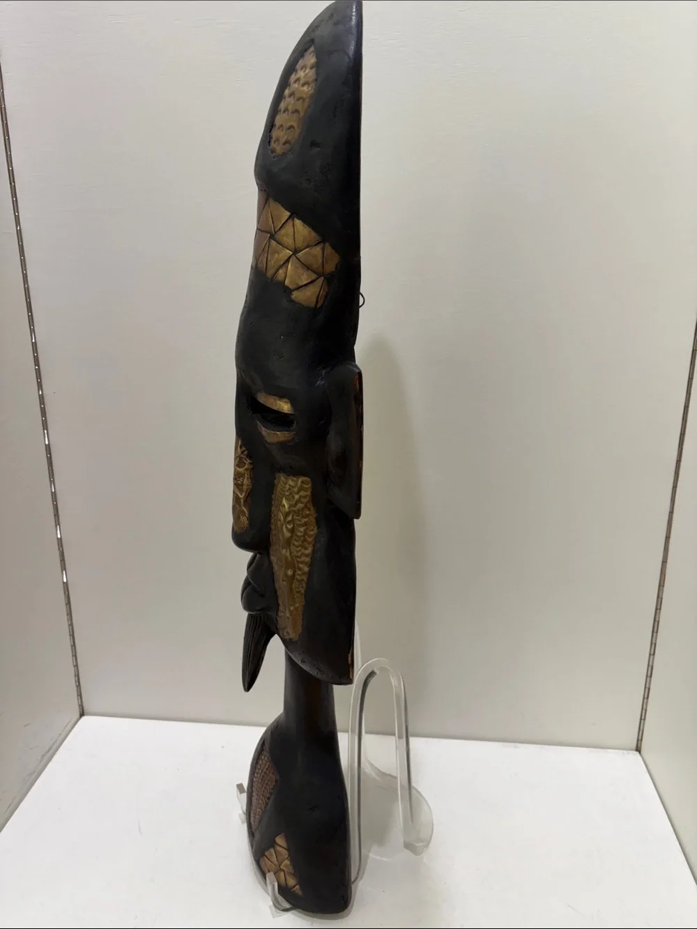 Hand-Carved Black and Brass Tribal Mask from Ghana